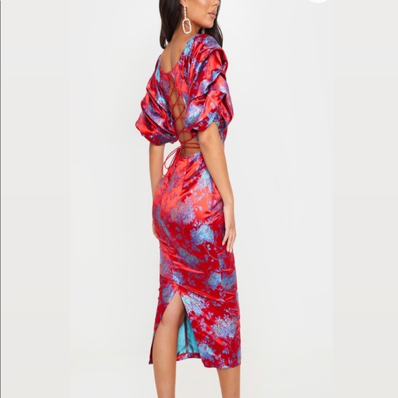 Ragnfrid Neutral Floral Jacquard Lace Midi Dress